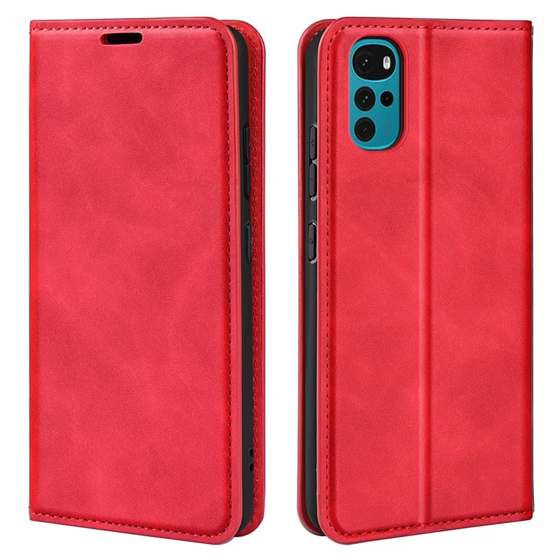 Silky-Touch Folio Flip Cover for Motorola Moto G22 Leather Phone Protective Case with Wallet Stand - Red