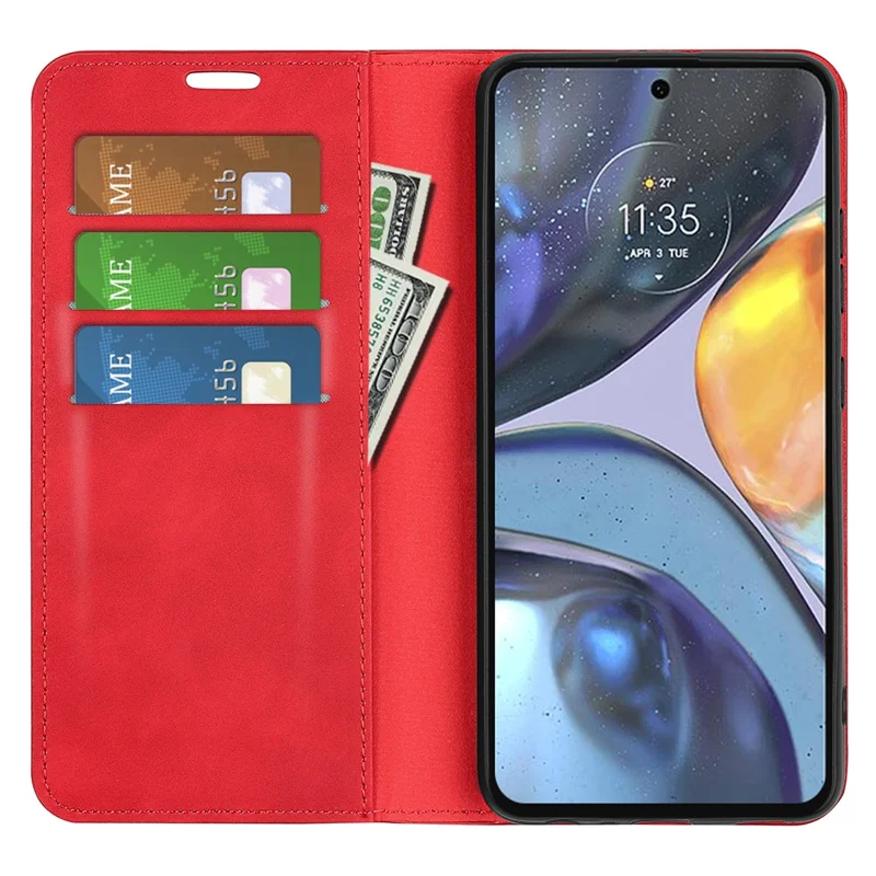 Silky-Touch Folio Flip Cover for Motorola Moto G22 Leather Phone Protective Case with Wallet Stand - Red