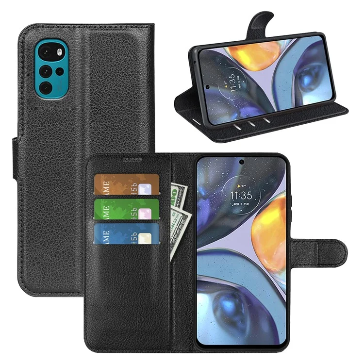 Für Motorola Moto G22 PU-Leder Flip-Ständer Smartphone-Cover Litchi-Textur Anti-Kratzer Brieftasche Hülle - Schwarz