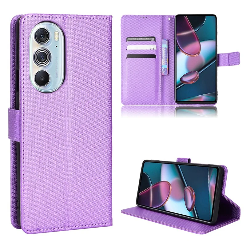For Motorola Edge X30/Motorola Edge X30 Pro(Motorola Edge+ (2022) Diamond Texture PU Leather Protective Case Foldable Stand Phone Wallet Cover Shell - Purple