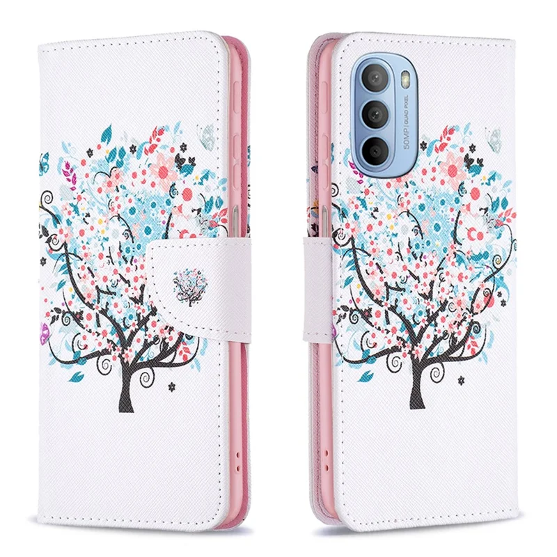 For Motorola Moto G31 / G41 Phone Case Pattern Printing PU Leather Wallet Stand Cover - Flower Tree