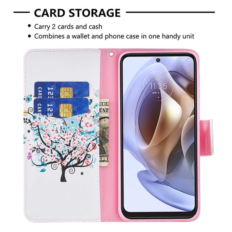 For Motorola Moto G31 / G41 Phone Case Pattern Printing PU Leather Wallet Stand Cover - Flower Tree