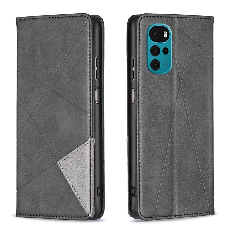 For Motorola Moto G22 Leather Case with Card Holder Imprinting Pattern Phone Stand Cover - Black