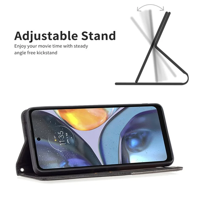 For Motorola Moto G22 Leather Case with Card Holder Imprinting Pattern Phone Stand Cover - Black