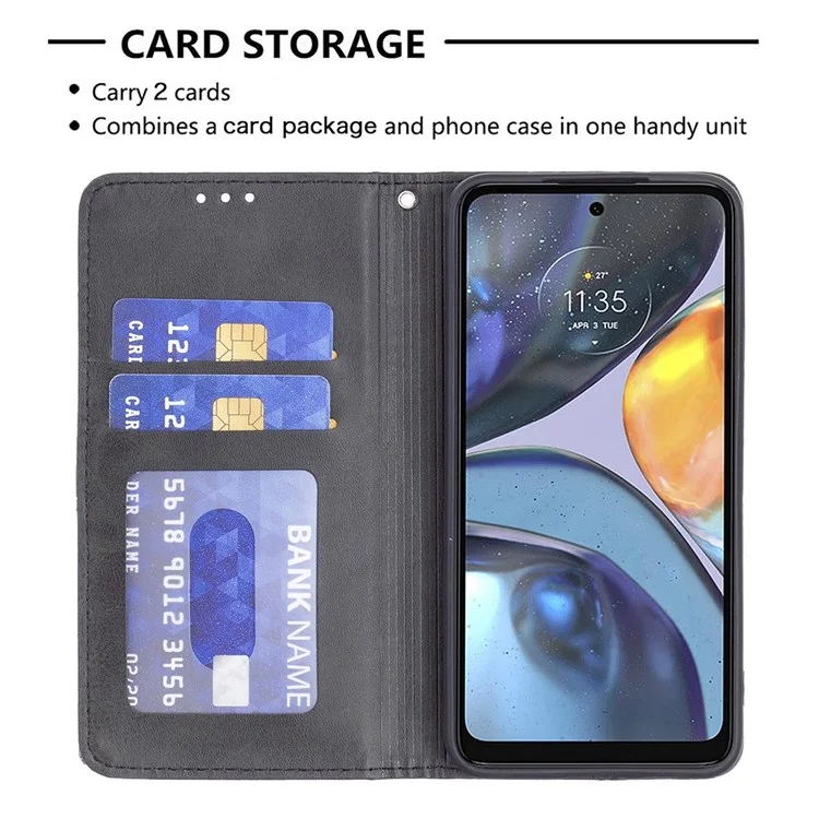 For Motorola Moto G22 Leather Case with Card Holder Imprinting Pattern Phone Stand Cover - Black