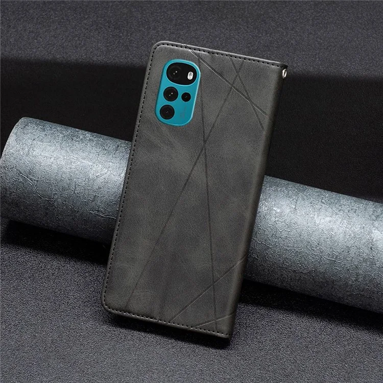 For Motorola Moto G22 Leather Case with Card Holder Imprinting Pattern Phone Stand Cover - Black
