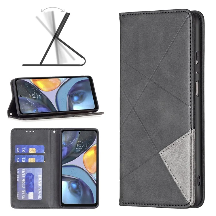 For Motorola Moto G22 Leather Case with Card Holder Imprinting Pattern Phone Stand Cover - Black