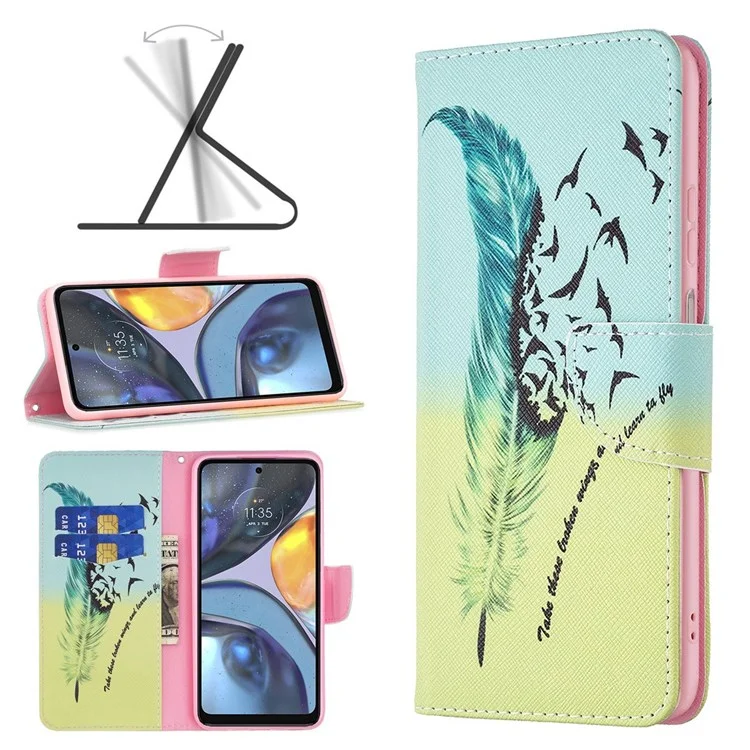 For Motorola Moto G22 Phone Case Pattern Printing PU Leather Wallet Stand Cover - Feather and Birds