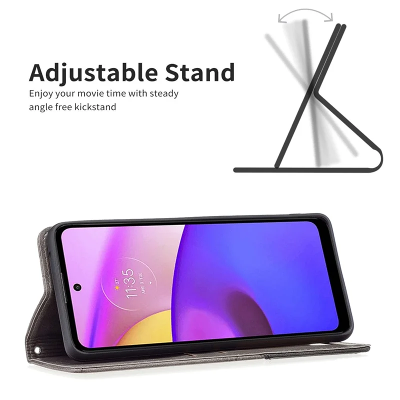 For Motorola Moto E30 / E40 Leather Case with Card Holder Imprinting Pattern Phone Stand Cover - Grey