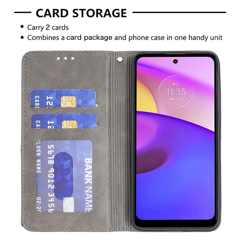 For Motorola Moto E30 / E40 Leather Case with Card Holder Imprinting Pattern Phone Stand Cover - Grey