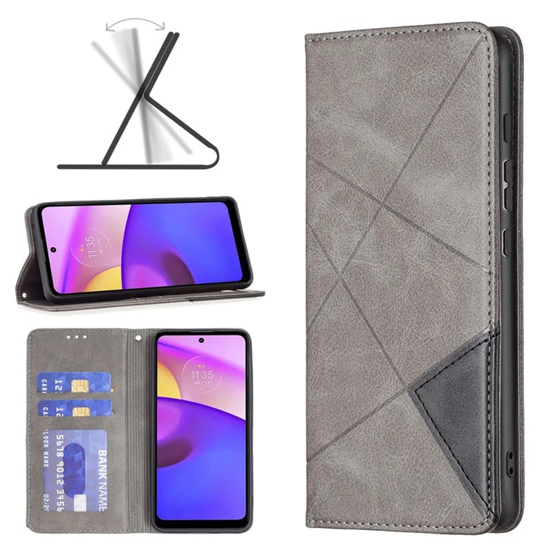 For Motorola Moto E30 / E40 Leather Case with Card Holder Imprinting Pattern Phone Stand Cover - Grey