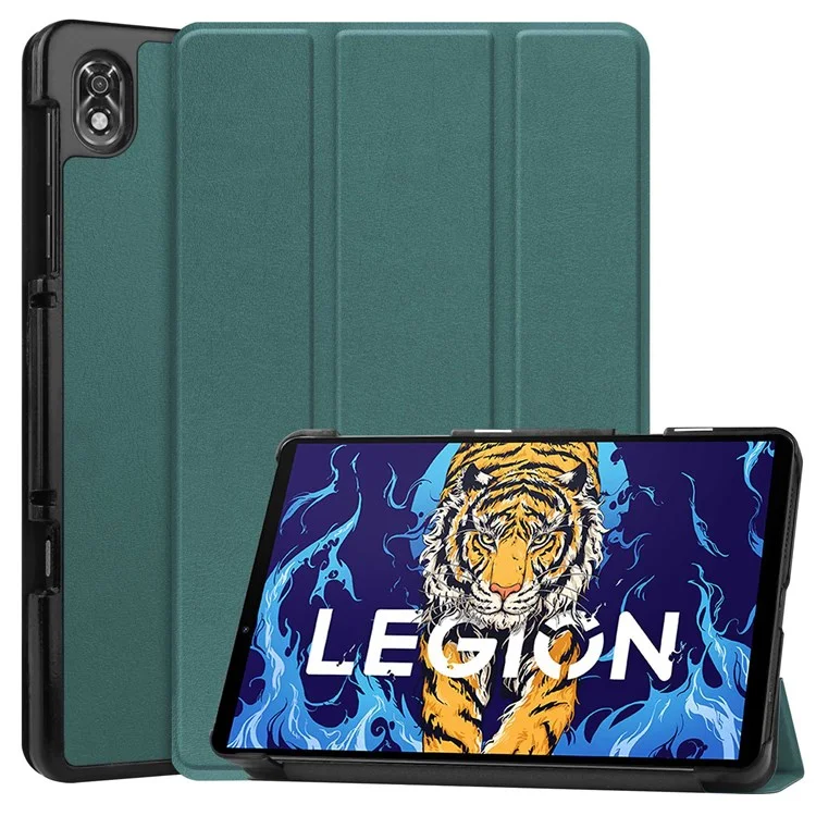 Tablet Covering Shell for Lenovo Legion Y700, PU Leather+PC Trifold Stand Cover Auto Sleep/Wake Design Protection Tablet Case - Blackish Green