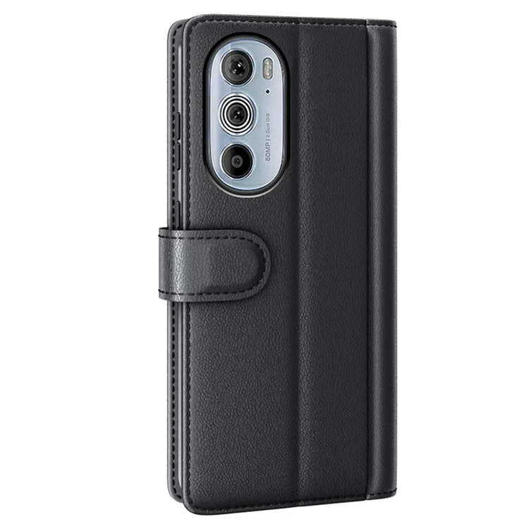 For Motorola Edge 30 Pro Phone Wallet Case Split Genuine Leather Stand Function Magnetic Flip Cover - Black