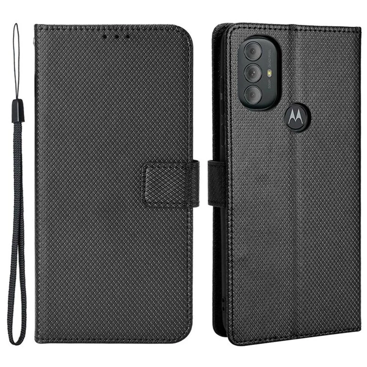 Para Motorola Moto G Power (2022) Diamond Texture Hands-free Stand PU Leather Protective Phone Case with Wallet - Preto