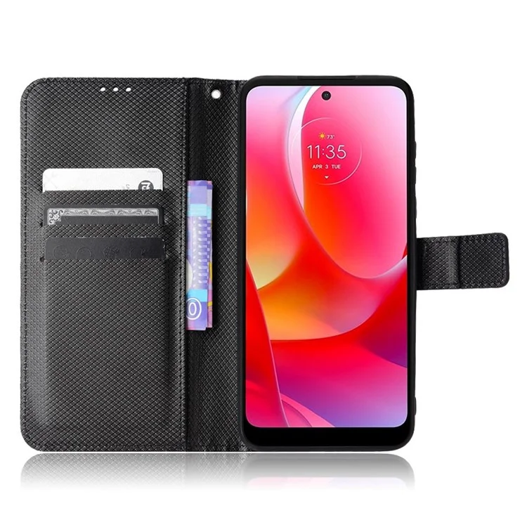 Para Motorola Moto G Power (2022) Diamond Texture Hands-free Stand PU Leather Protective Phone Case with Wallet - Preto