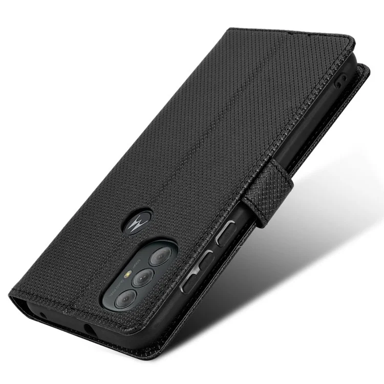 Para Motorola Moto G Power (2022) Diamond Texture Hands-free Stand PU Leather Protective Phone Case with Wallet - Preto