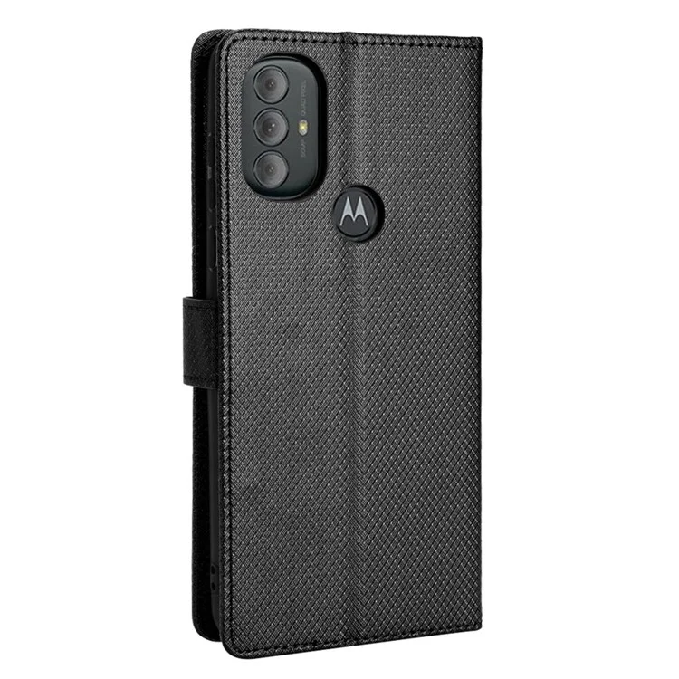 Para Motorola Moto G Power (2022) Diamond Texture Hands-free Stand PU Leather Protective Phone Case with Wallet - Preto