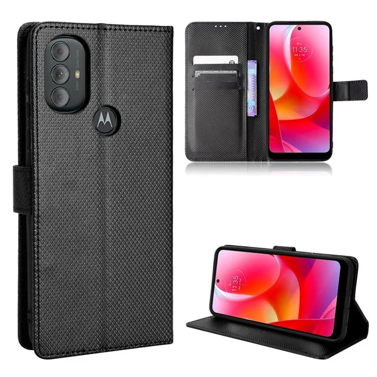 Para Motorola Moto G Power (2022) Diamond Texture Hands-free Stand PU Leather Protective Phone Case with Wallet - Preto