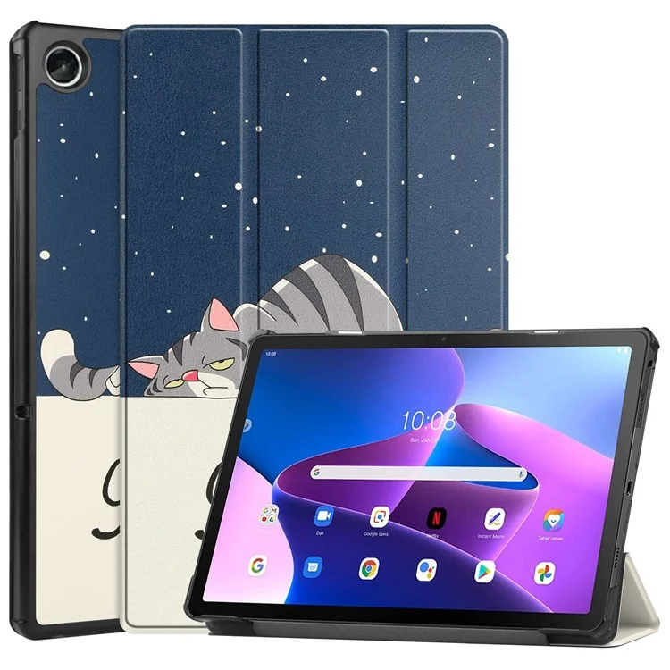 For Lenovo Tab M10 Plus (3rd Gen) Pattern Printing Tri-Fold Stand PU Leather Tablet Case with Auto Sleep / Wake - Cat