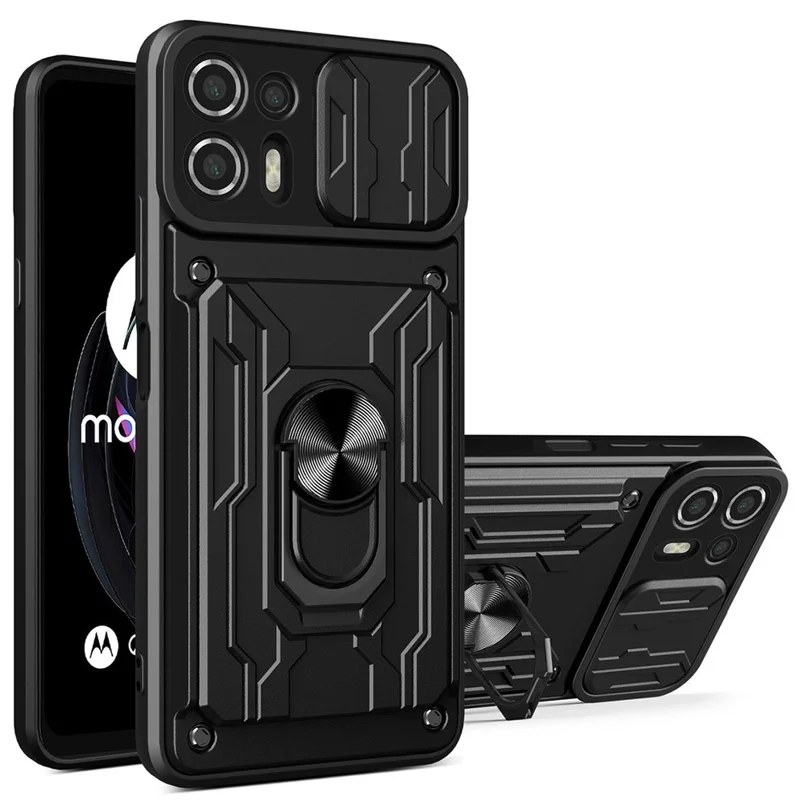Kickstand-PC + TPU-Rückentasche für Motorola Edge 20 Lite, Kartenhalter-Handyhülle mit Kameraschubschutz - Schwarz