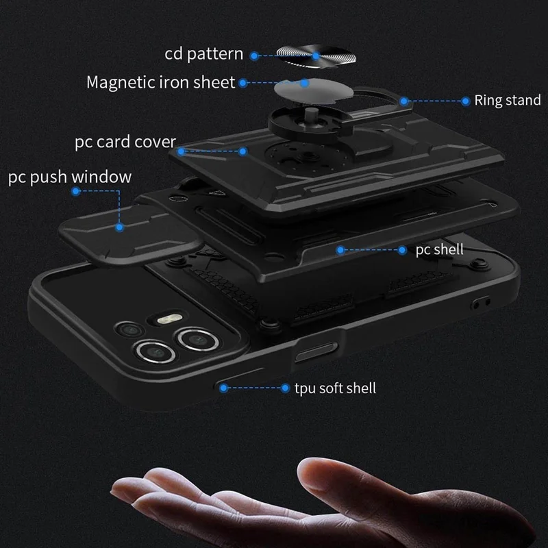 Kickstand-PC + TPU-Rückentasche für Motorola Edge 20 Lite, Kartenhalter-Handyhülle mit Kameraschubschutz - Schwarz