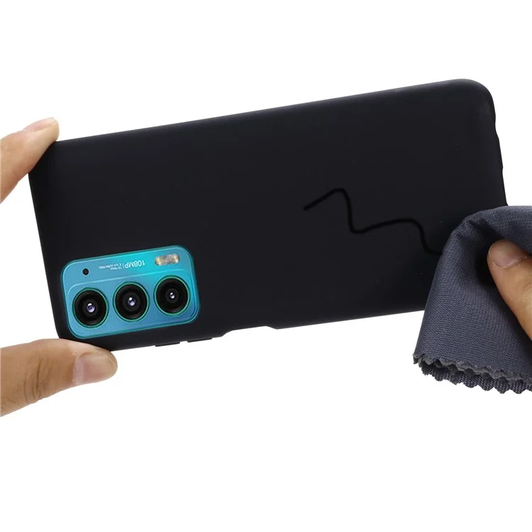 For Motorola Edge 20 Liquid Silicone Phone Case Soft Microfiber Lining Cellphone Back Cover with Strap - Black