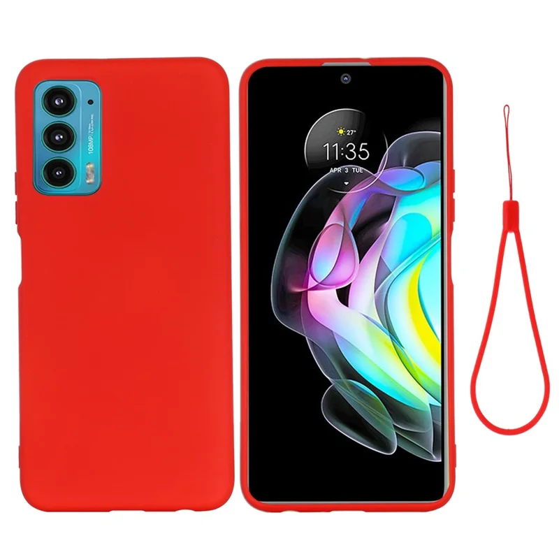 For Motorola Edge 20 Liquid Silicone Phone Case Soft Microfiber Lining Cellphone Back Cover with Strap - Red