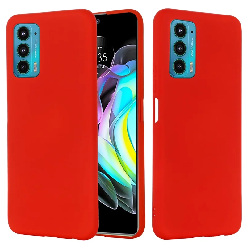 For Motorola Edge 20 Liquid Silicone Phone Case Soft Microfiber Lining Cellphone Back Cover with Strap - Red