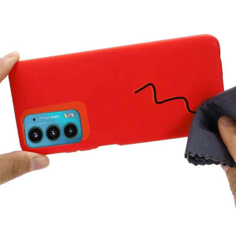 For Motorola Edge 20 Liquid Silicone Phone Case Soft Microfiber Lining Cellphone Back Cover with Strap - Red