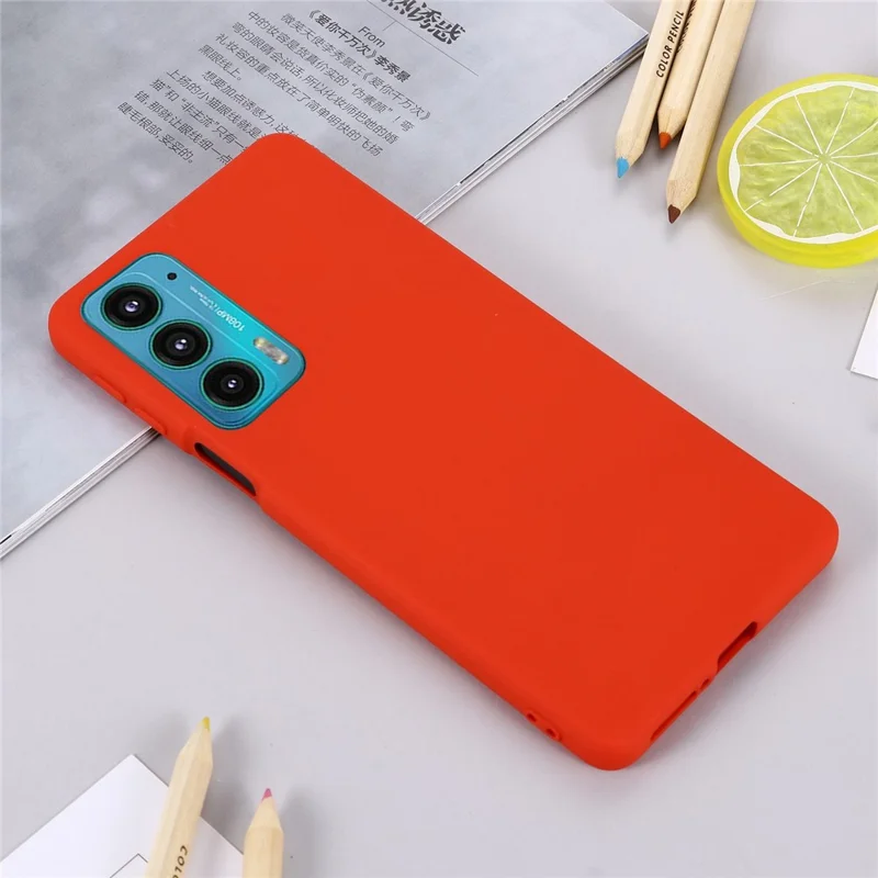 For Motorola Edge 20 Liquid Silicone Phone Case Soft Microfiber Lining Cellphone Back Cover with Strap - Red