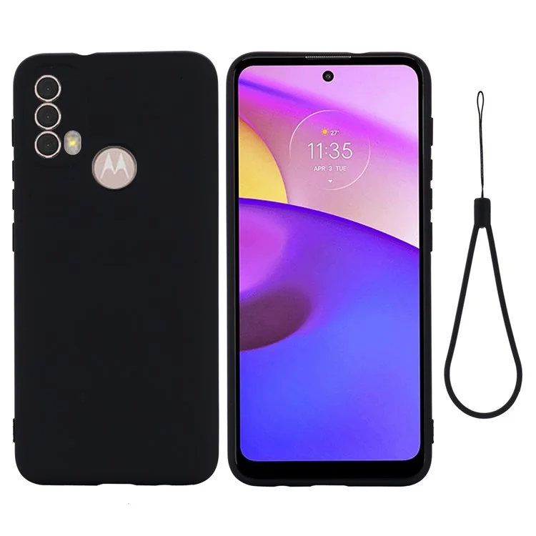 Для Motorola Moto E20/E30/E40 Жидкий силиконовый защитный чехол Противоударный тонкий чехол для телефона со шнурком - Черный