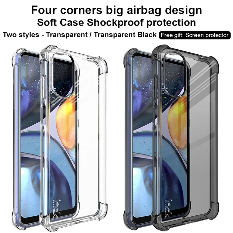 IMAK Airbag Shockproof Case per Motorola Moto G22 4G, Cover Telefonica Trasparente Morbida in TPU Anti-Graffio con Pellicola Protettiva per lo Schermo - Nero Trasparente
