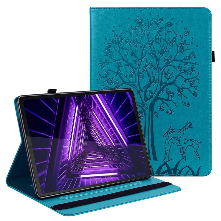 Pour Lenovo Tab M10 Plus (Gen 3) Imprinting Tree Deer Pattern Tablet Case PU Leather Card Slots Stand Shell - Bleu