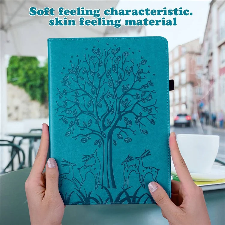 Pour Lenovo Tab M10 Plus (Gen 3) Imprinting Tree Deer Pattern Tablet Case PU Leather Card Slots Stand Shell - Bleu