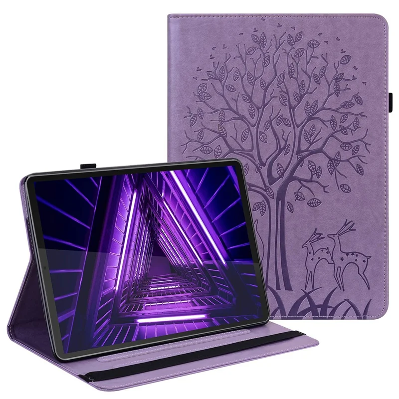 For Lenovo Tab M10 Plus (3rd Gen) Imprinting Tree Deer Pattern Tablet Case PU Leather Card Slots Stand Shell - Purple