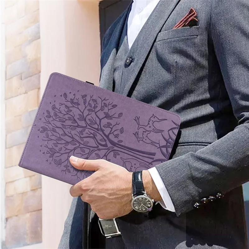 For Lenovo Tab M10 Plus (3rd Gen) Imprinting Tree Deer Pattern Tablet Case PU Leather Card Slots Stand Shell - Purple