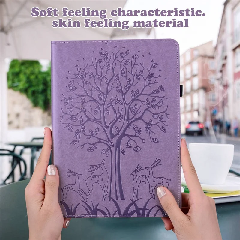 For Lenovo Tab M10 Plus (3rd Gen) Imprinting Tree Deer Pattern Tablet Case PU Leather Card Slots Stand Shell - Purple
