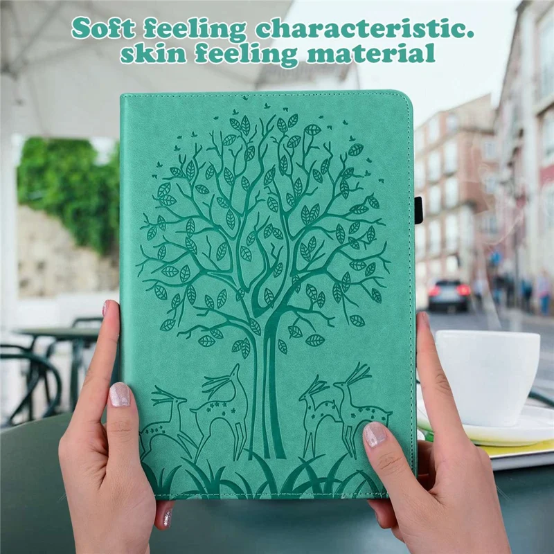 For Lenovo Tab M10 Plus (3rd Gen) Imprinting Tree Deer Pattern Tablet Case PU Leather Card Slots Stand Shell - Green