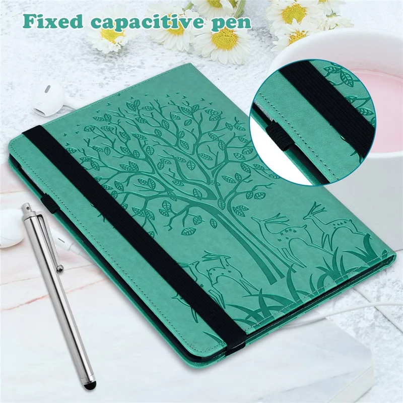 For Lenovo Tab M10 Plus (3rd Gen) Imprinting Tree Deer Pattern Tablet Case PU Leather Card Slots Stand Shell - Green