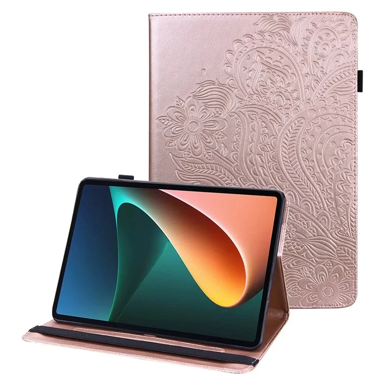 Per Lenovo Tab M10 Plus (3a Gen) / Xiaoxin Pad 2022 10.6 pollici Imprinting Flower PU Leather Tablet Case Elastic Band Protective Cover with Card Holder Stand - Rosa Oro