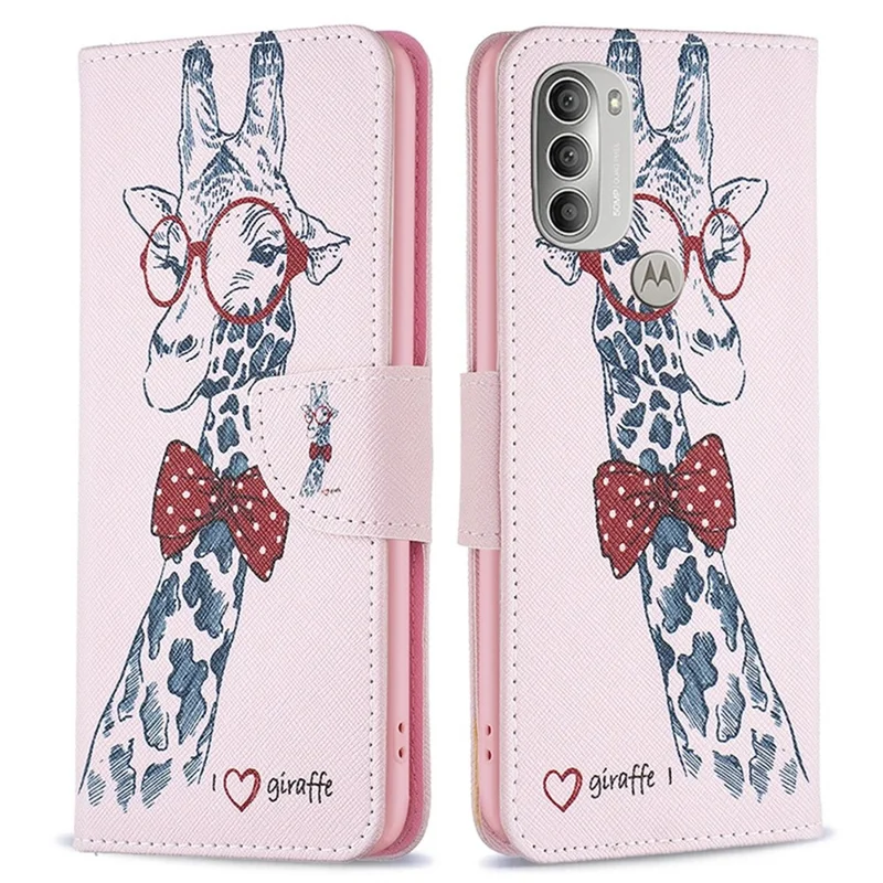 For Motorola Moto G51 5G telefonbeskyttelse med mønstertryk i PU-læder, wallet og stand - Giraf