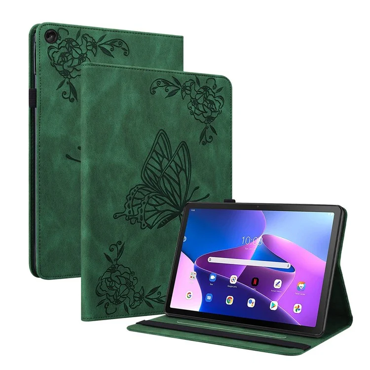 Pour Lenovo Tab M10 Plus (Gen 3) Papillon Fleur Imprimé Fente Carte PU Cuir Étui Tablette Support Couverture avec Bande Élastique - Vert