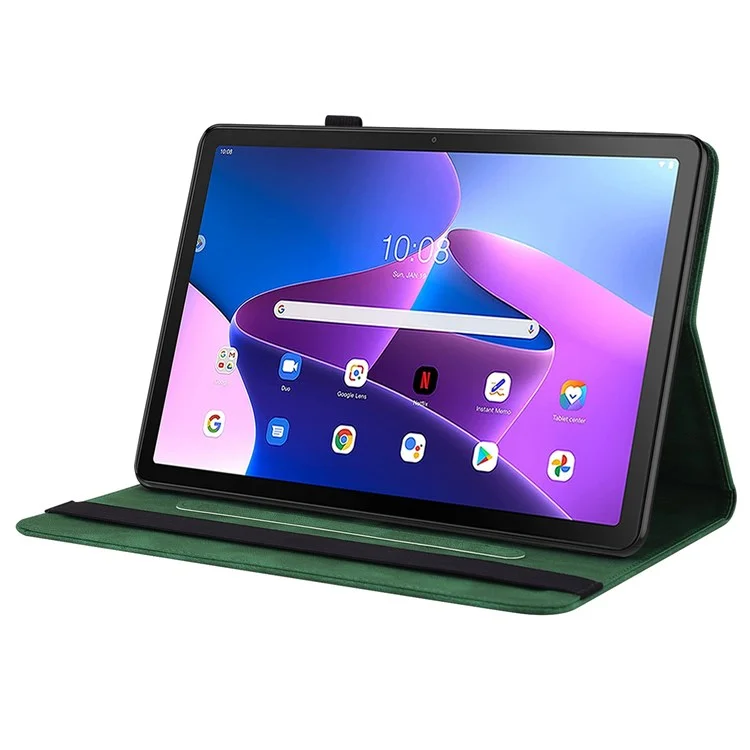 Pour Lenovo Tab M10 Plus (Gen 3) Papillon Fleur Imprimé Fente Carte PU Cuir Étui Tablette Support Couverture avec Bande Élastique - Vert