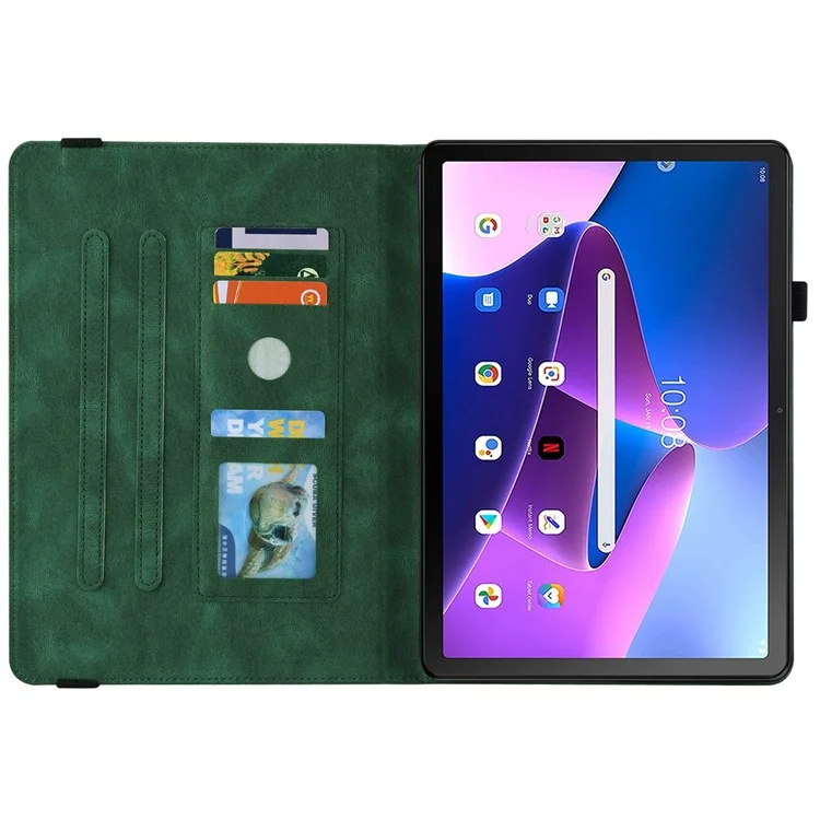Pour Lenovo Tab M10 Plus (Gen 3) Papillon Fleur Imprimé Fente Carte PU Cuir Étui Tablette Support Couverture avec Bande Élastique - Vert
