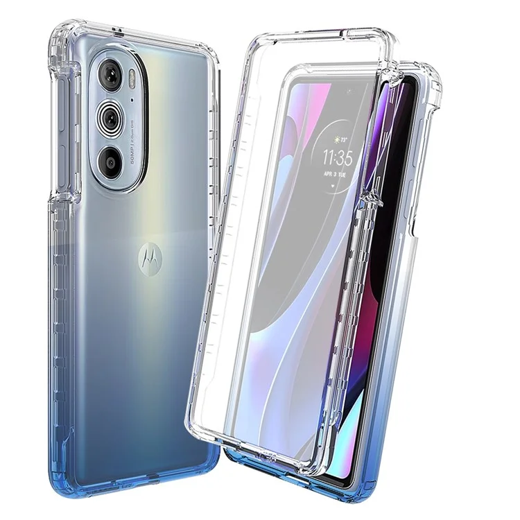Pour le Motorola Edge 30 Pro (Motorola Edge+ (2022)) Étui de protection hybride PC+TPU 3-en-1 antichoc et anti-chute avec coque dégradée et protection d'écran en PET - Bleu