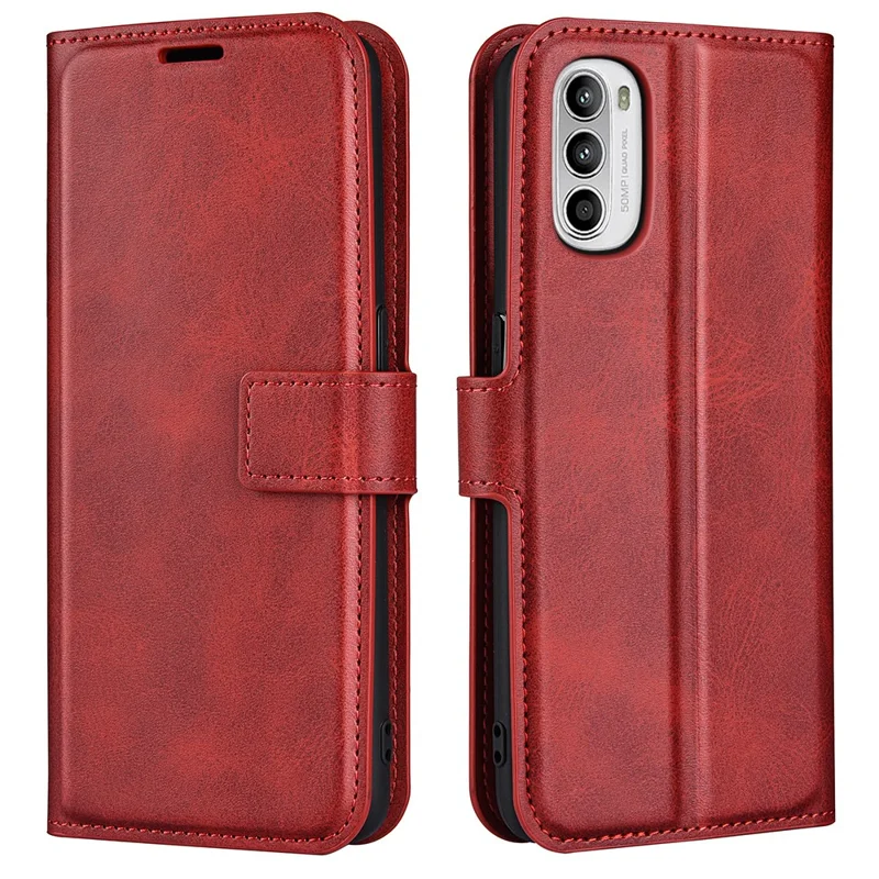For Motorola Moto G52 4G / G82 5G Protective Shell, Textured PU Leather Cover Stand Function Magnetic Closure Flip Wallet Case - Red