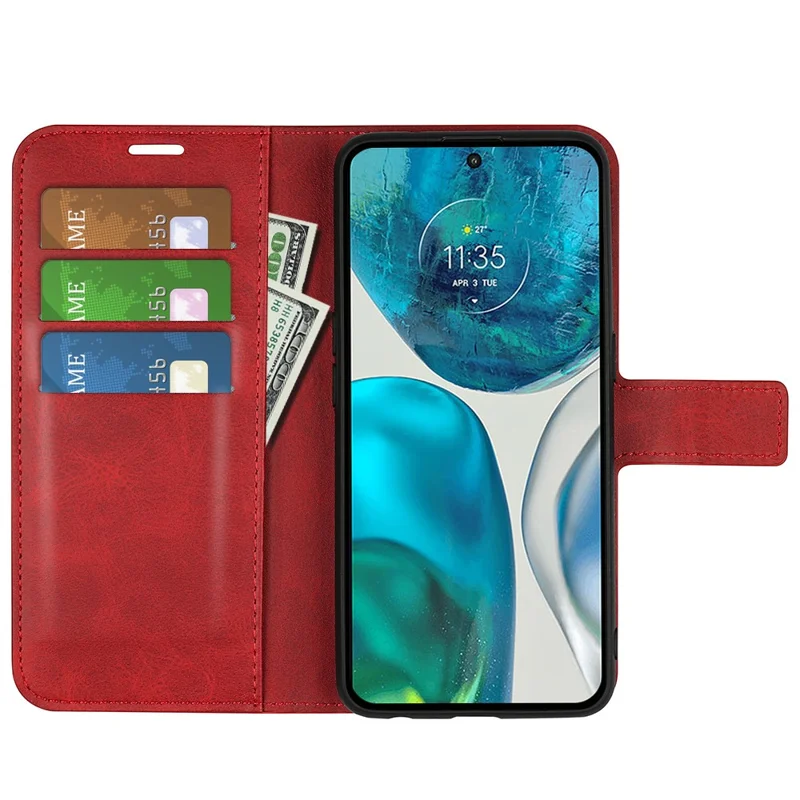 For Motorola Moto G52 4G / G82 5G Protective Shell, Textured PU Leather Cover Stand Function Magnetic Closure Flip Wallet Case - Red
