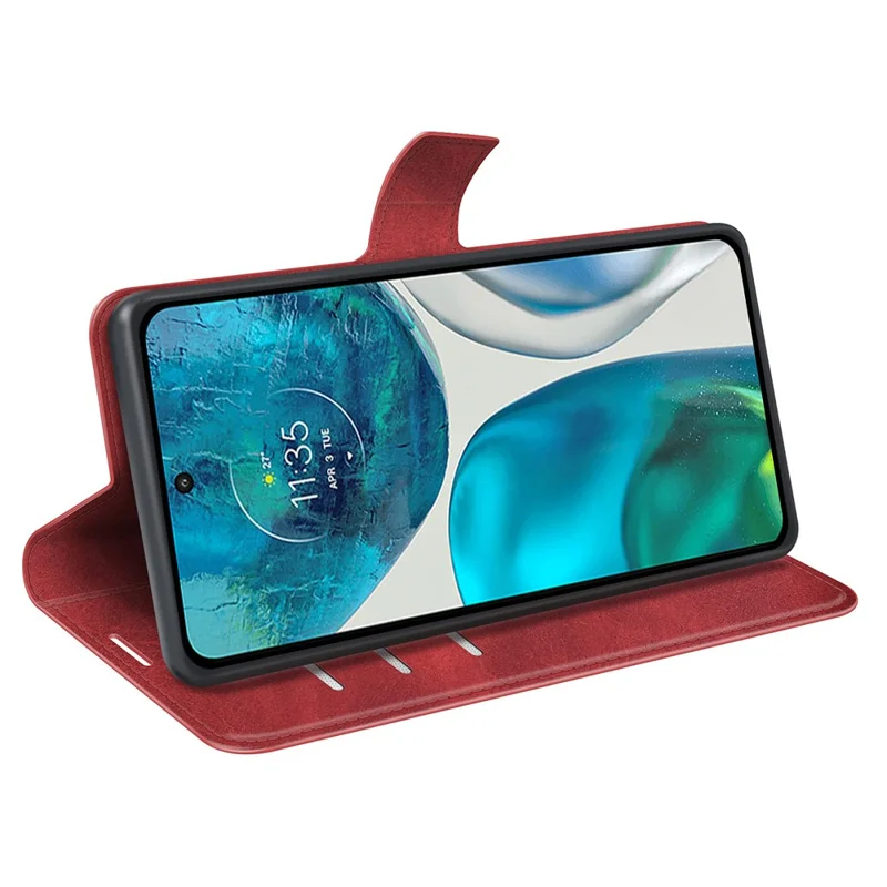 For Motorola Moto G52 4G / G82 5G Protective Shell, Textured PU Leather Cover Stand Function Magnetic Closure Flip Wallet Case - Red