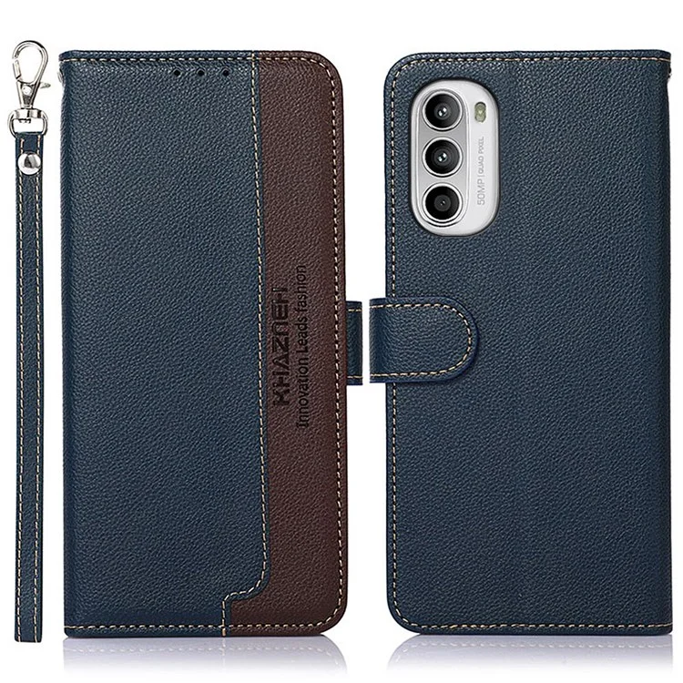 KHAZNEH RFID Blocking Phone Case per Motorola Moto G52 4G / G82 5G, Texture Litchi in Pelle PU Flip Folio Wallet Stand Cover con Cinghia - Blu