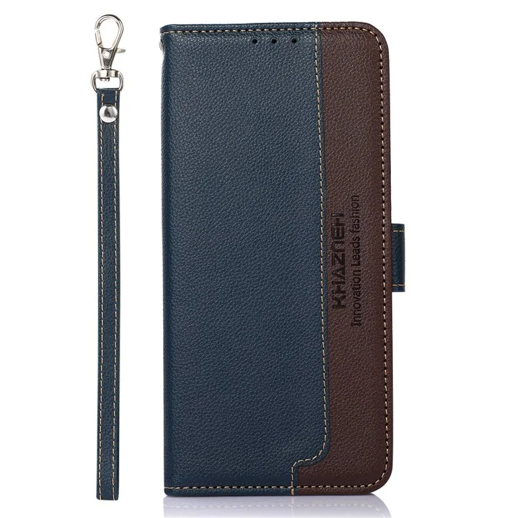 KHAZNEH RFID Blocking Phone Case per Motorola Moto G52 4G / G82 5G, Texture Litchi in Pelle PU Flip Folio Wallet Stand Cover con Cinghia - Blu
